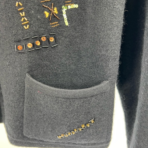 Chico’s 1 wool black zip front sweater jacket beaded sequins M bronze fall work - Picture 8 of 13
